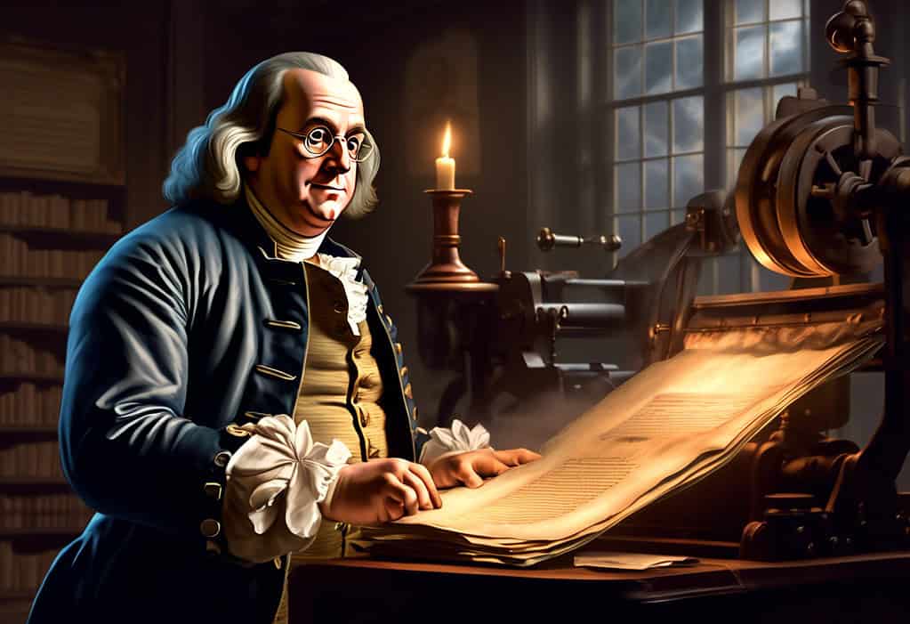 Benjamin Franklin at printing press advocating for independence