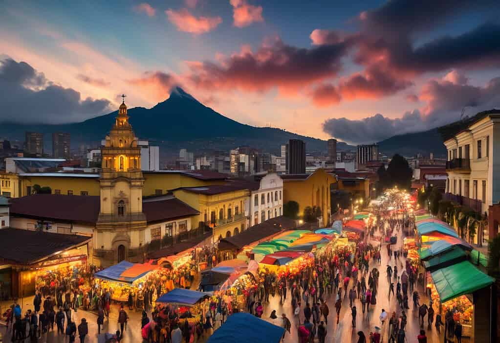 Bustling street in Bogotá, Colombia at sunset with vendors and pedestrians