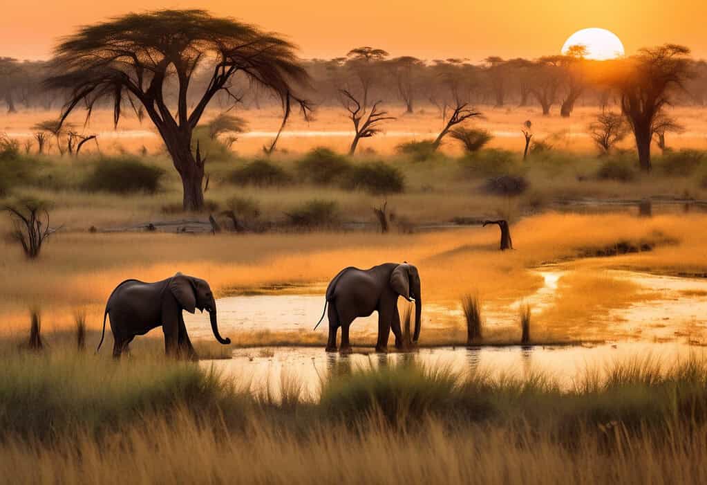 elephants peacefully grazing in the Okavango Delta during the dry season