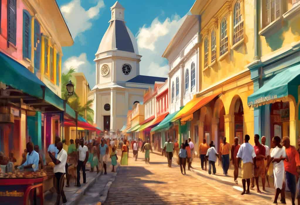 Digital art of bustling streets in Bridgetown, Barbados during the 19th century