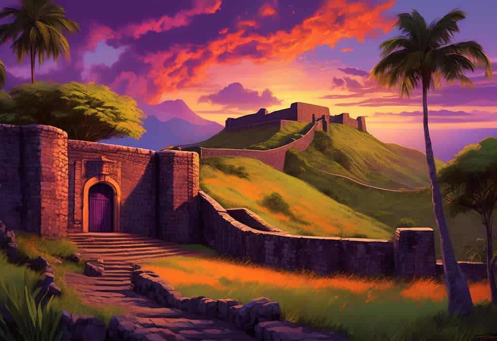 Digital art rendering of Brimstone Hill Fortress National Park at sunset