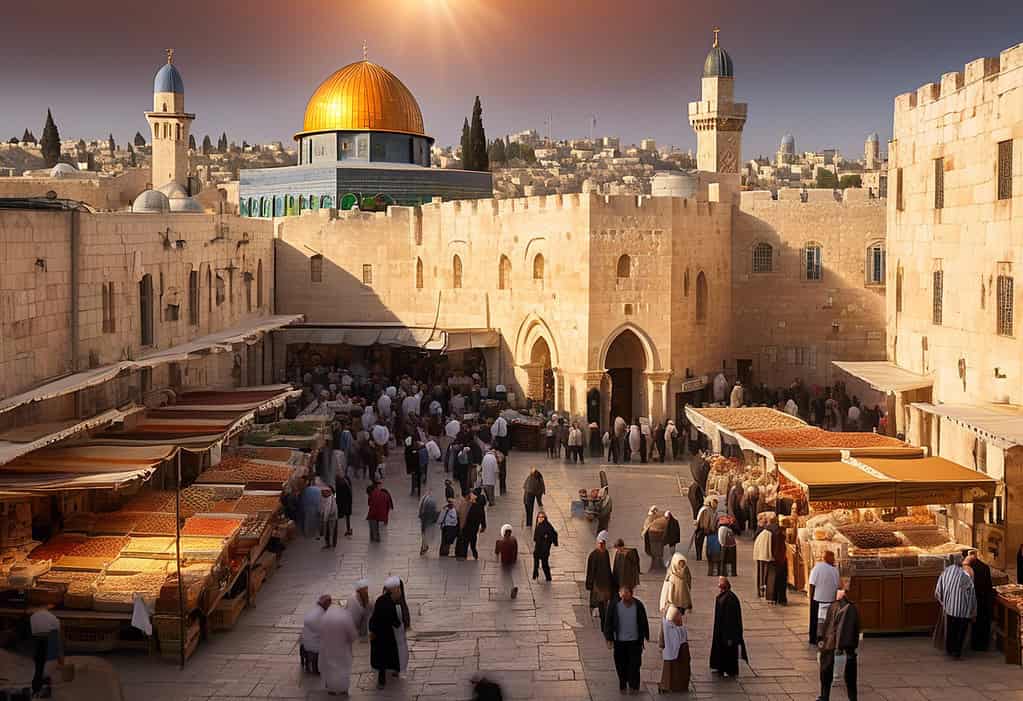 Bustling marketplace in Jerusalem during early morning hours