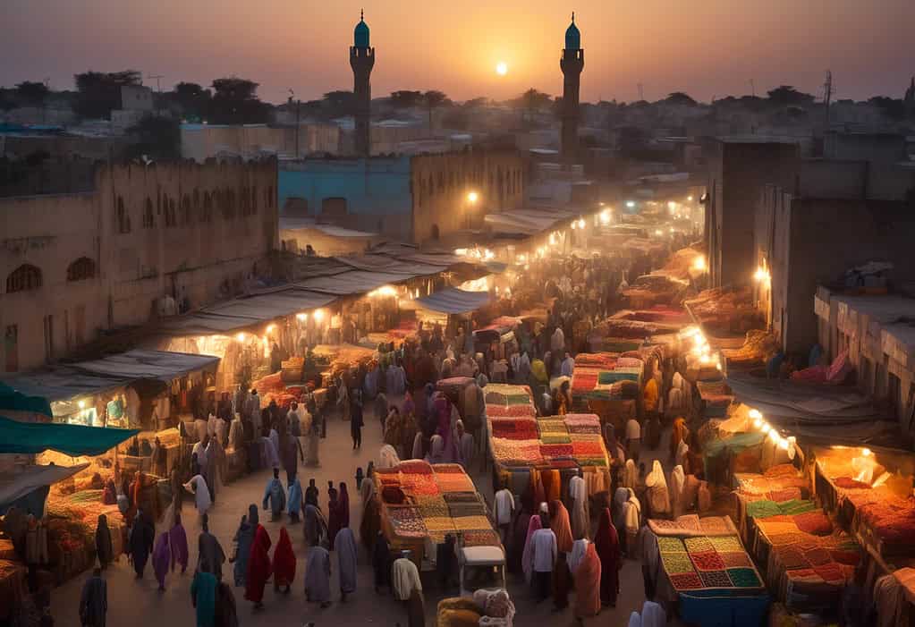 Bustling marketplace in Mogadishu, Somalia with locals shopping for fabrics, spices, and produce.