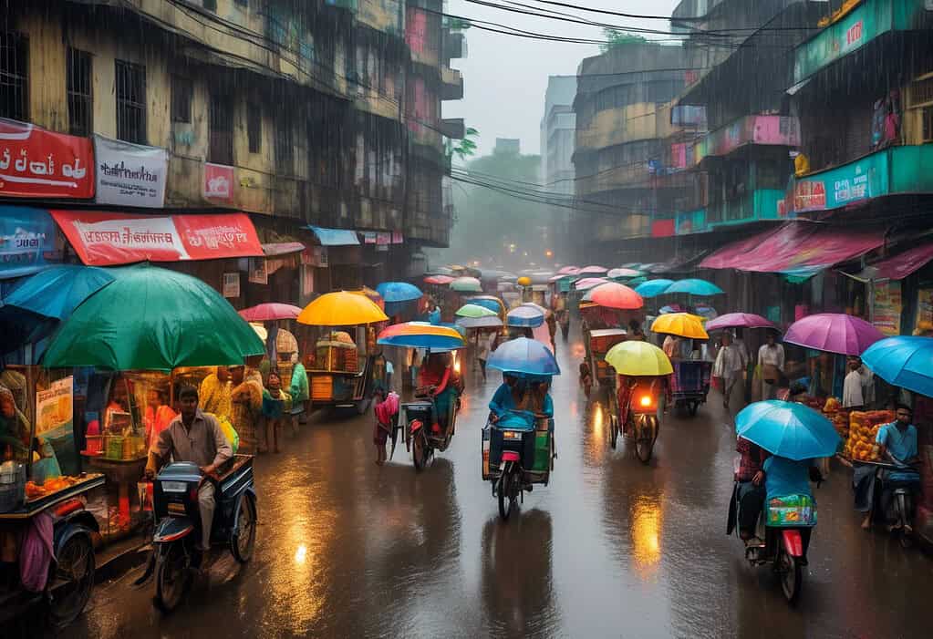 Bustling street in Dhaka during monsoon season with colorful rickshaws, vendors, and umbrellas