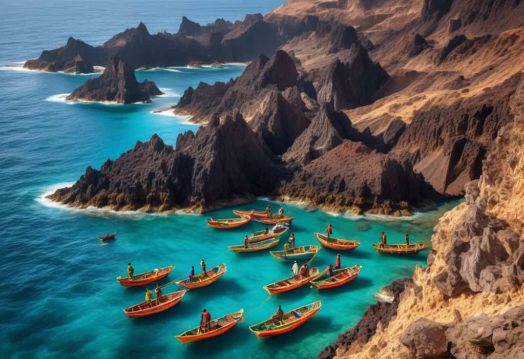 Fishermen in colorful boats casting nets in Cabo Verde