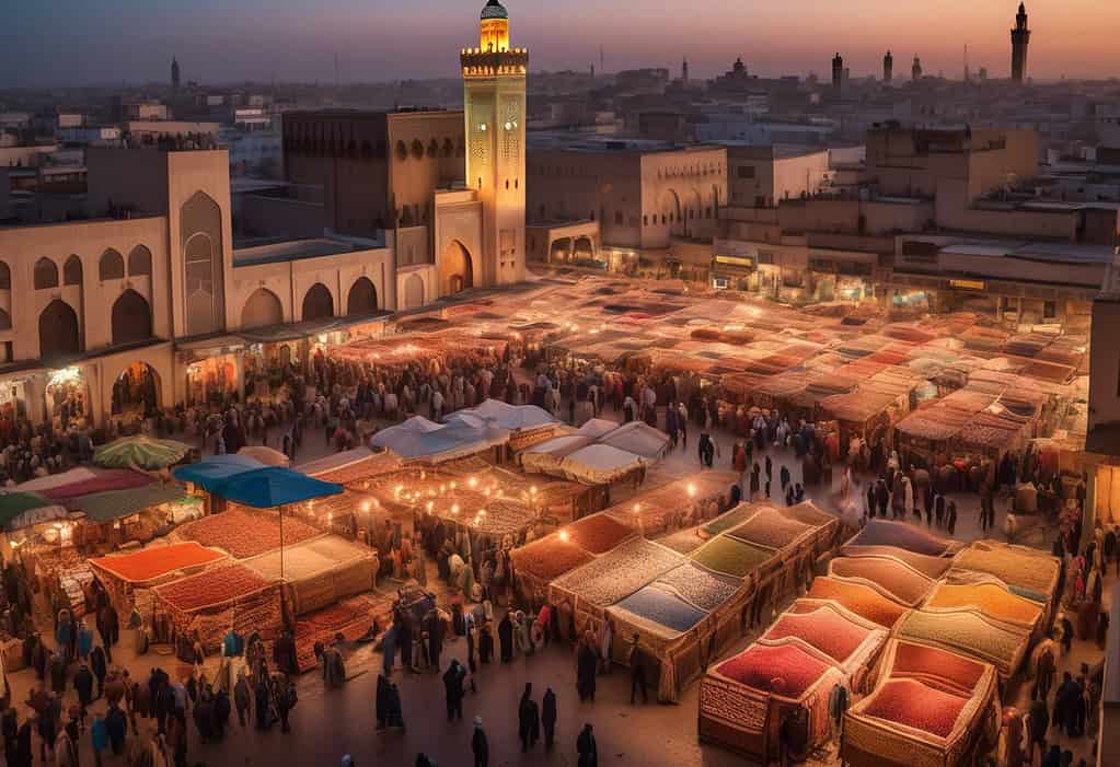 Bustling marketplace in Casablanca, Morocco at sunset with vendors selling colorful rugs, spices, and handcrafted goods