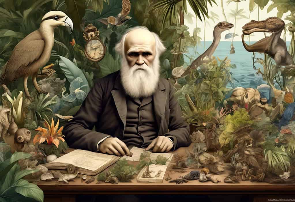 Illustration of Charles Darwin aboard the HMS Beagle surrounded by flora and fauna specimens