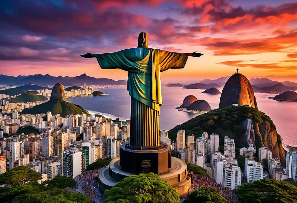 Christ the Redeemer statue at sunset in Rio de Janeiro