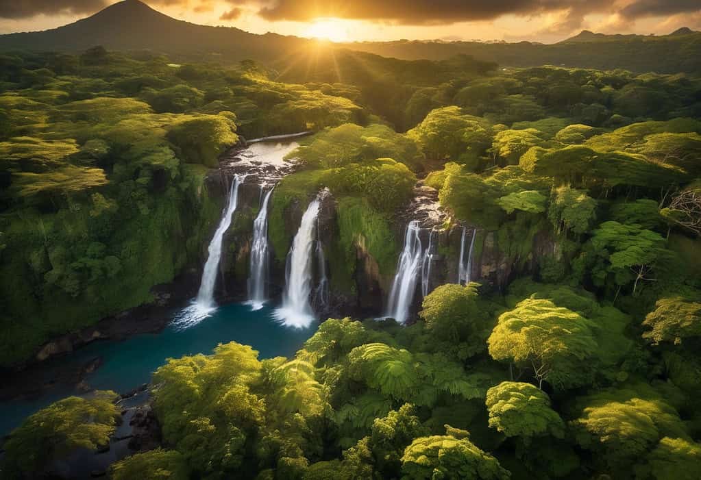 Aerial view of Concord Waterfalls in Grenada during sunset