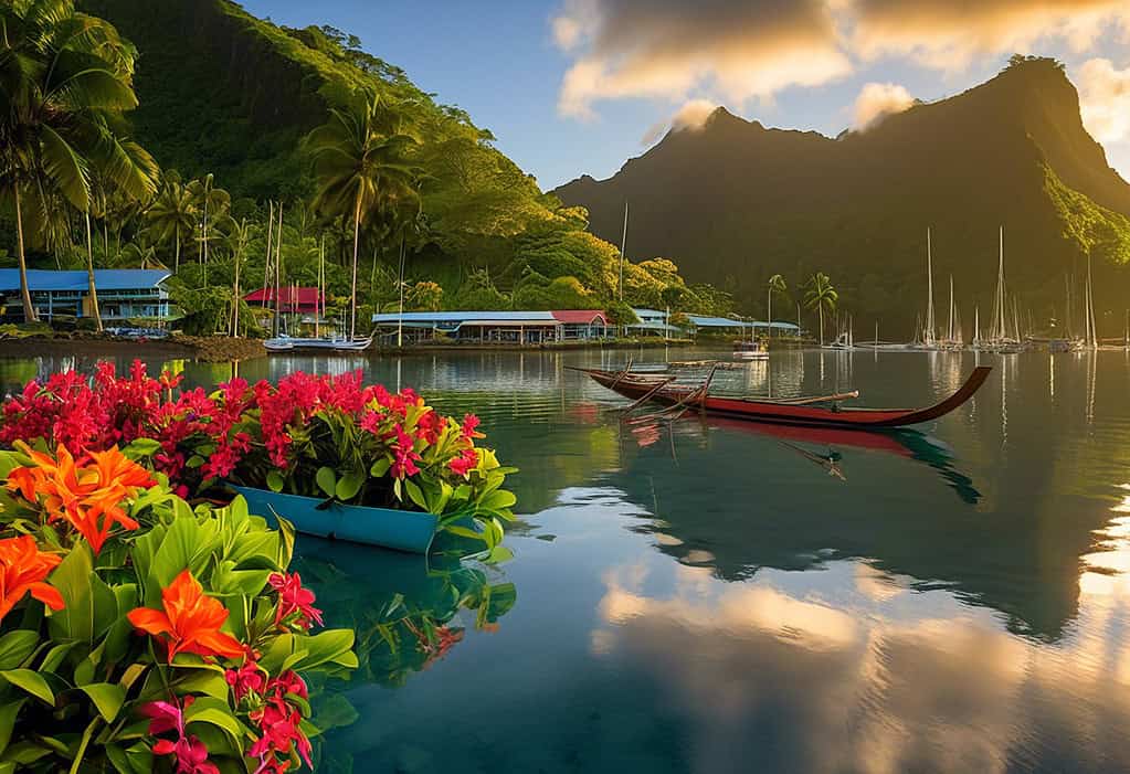 Sunrise in Pago Pago Harbor with outrigger canoes and tropical flowers