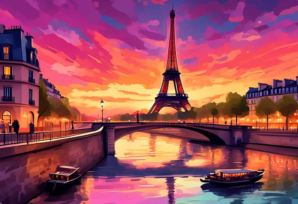 Digital art illustration of the Eiffel Tower at sunset in Paris with the Seine River in the foreground