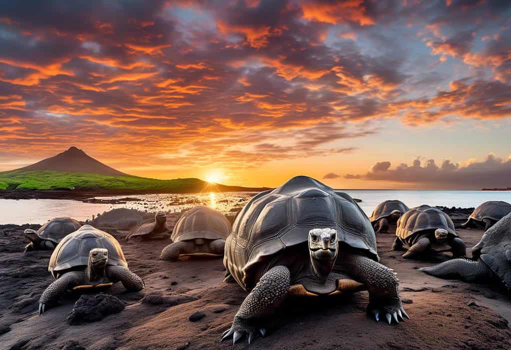 Galapagos Islands sunset with giant tortoises and marine iguanas