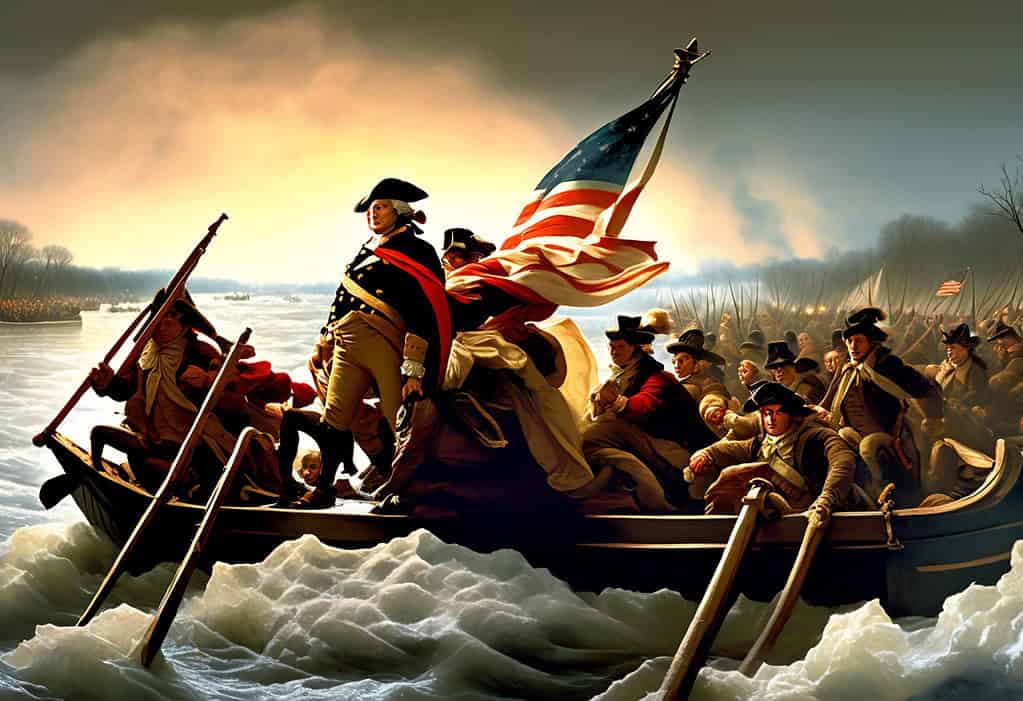 George Washington crossing the Delaware River on a dark winter night with his men in a rowboat