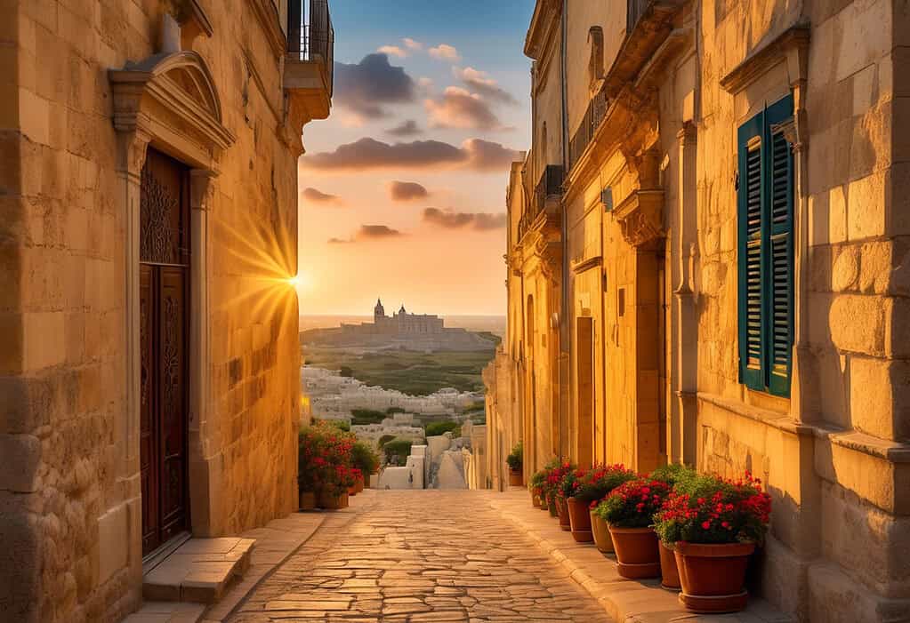 Mdina ancient walled city golden hour sunset St. Paul's Cathedral