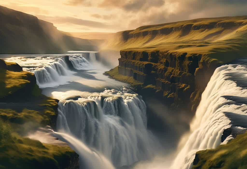 Digital art of Gullfoss Waterfall in Iceland during golden hour