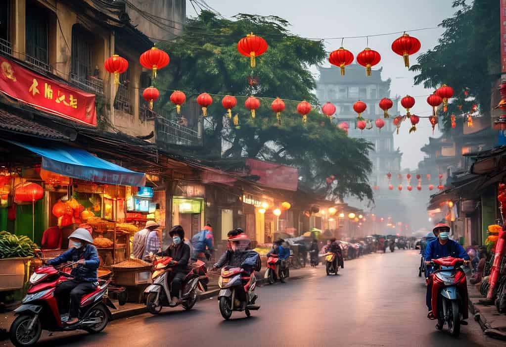 Bustling street in Hanoi, Vietnam with vendors and motorbikes in the early morning