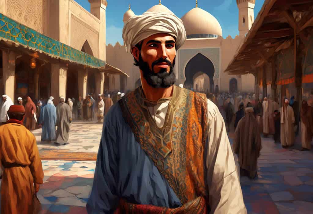 Ibn Battuta at Great Mosque of Damascus illustration