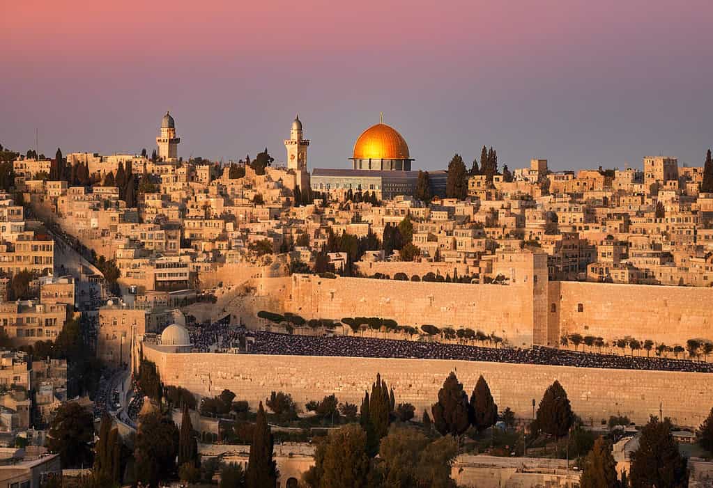 Sunset over Jerusalem with the Dome of the Rock