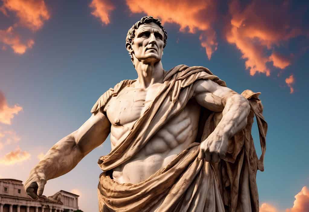 Julius Caesar standing atop a marble podium in the Roman Forum