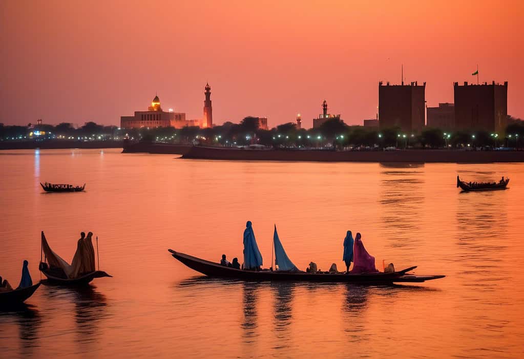 Khartoum cityscape at dusk with boats on the river