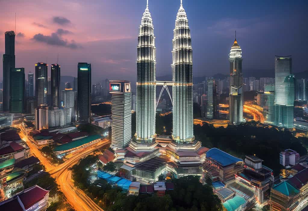 Petronas Twin Towers at sunset in Kuala Lumpur