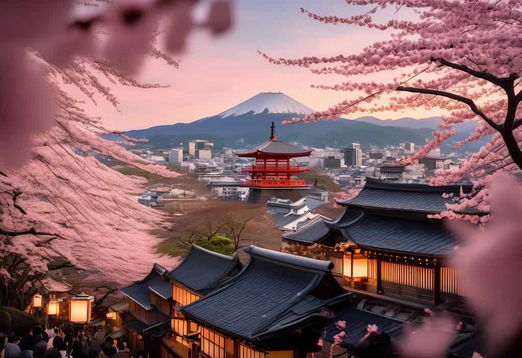 Kyoto cherry blossom season cityscape with Kiyomizu-dera temple in the background