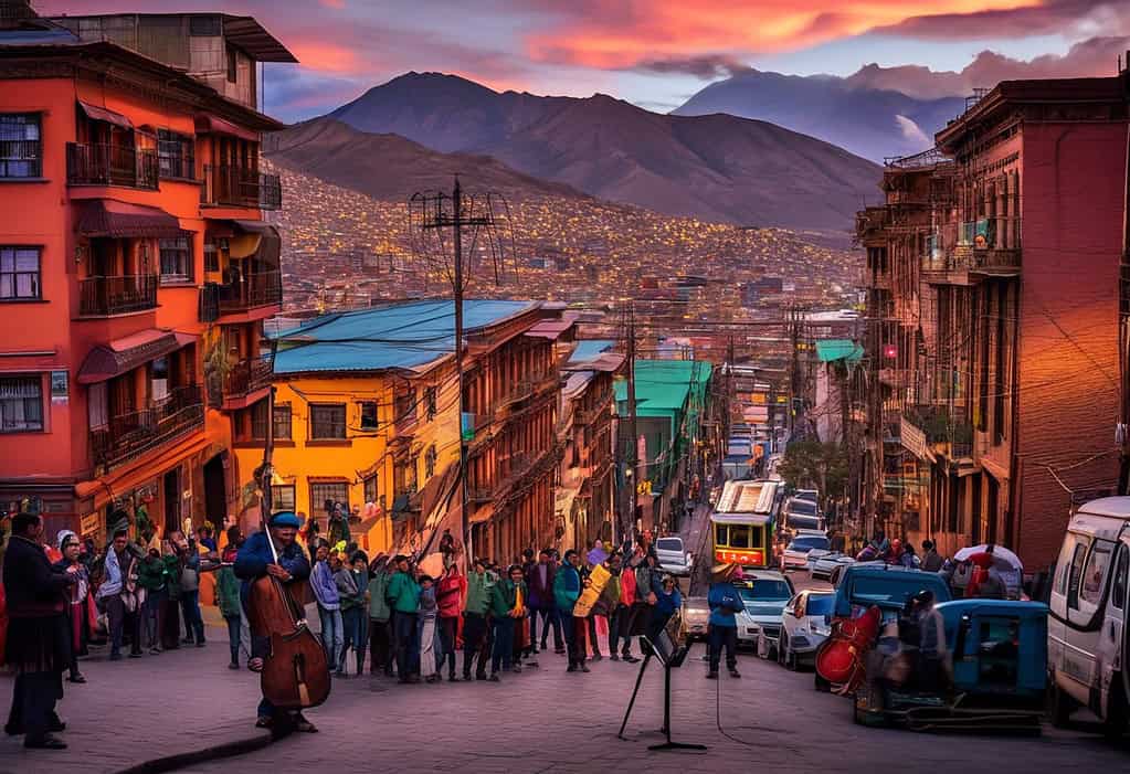 Sunset in La Paz, Bolivia with a street musician playing flute surrounded by onlookers and cable cars in the background