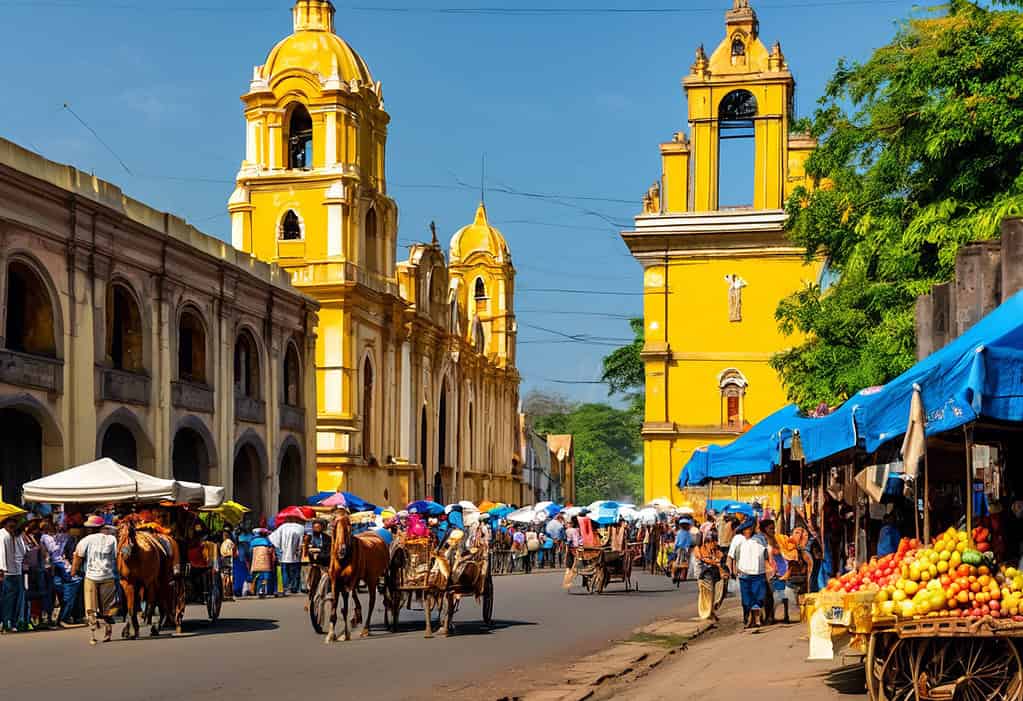 Colonial street scene in Leon, Nicaragua with colorful market vendors and horse-drawn carriages