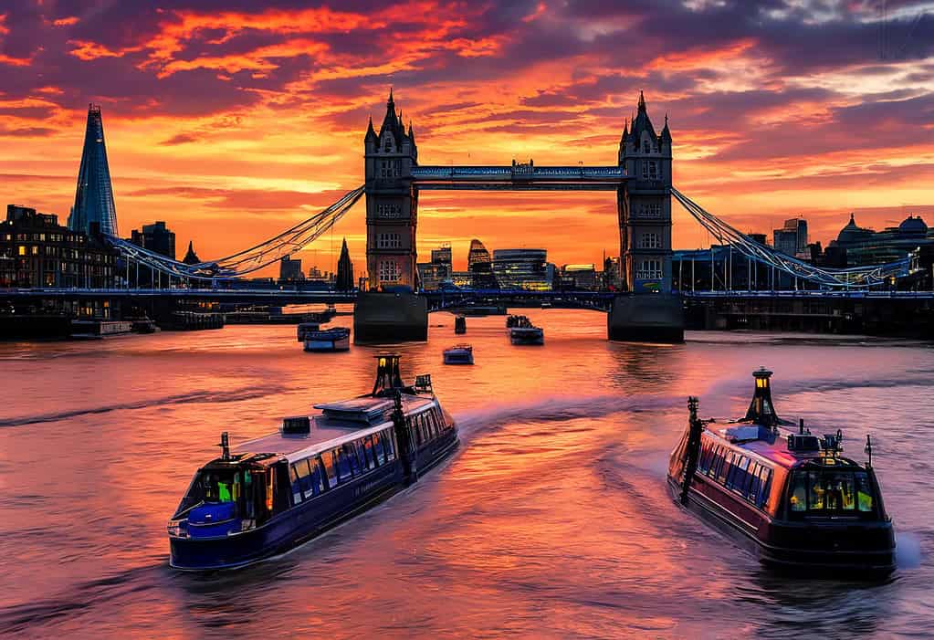 Sunset over Tower Bridge in London with city lights reflecting in the Thames River