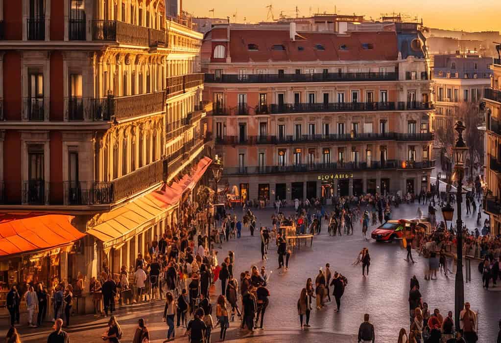 Bustling street in Madrid at sunset with colorful buildings and street performers