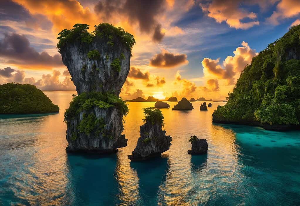 Rock Islands in Palau at sunset