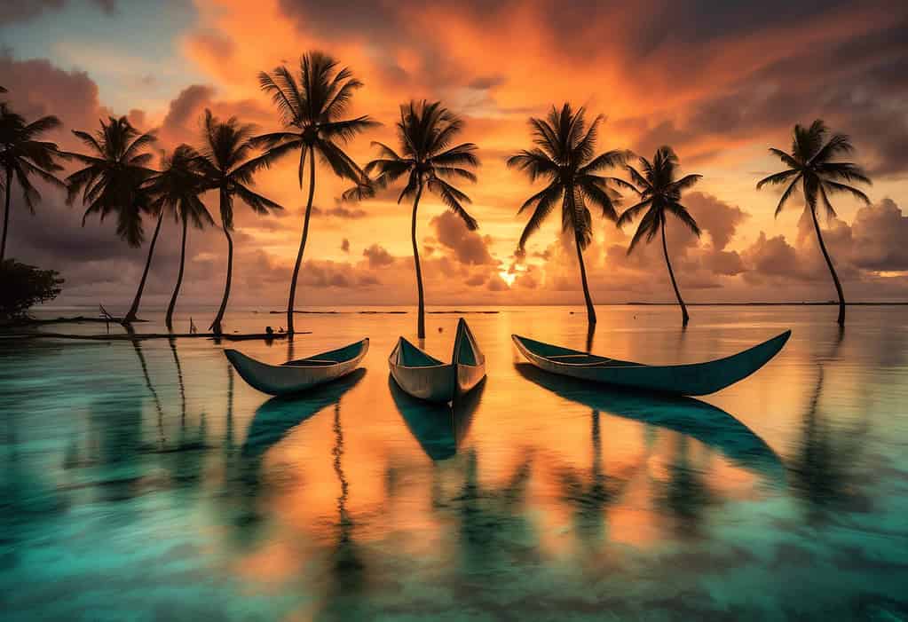 Majuro Atoll Sunset with Outrigger Canoes and Palm-fringed Shoreline