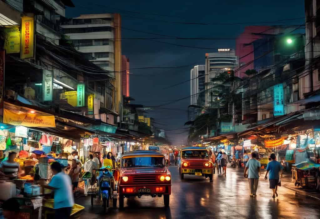 Bustling street in Manila during early morning hours with Spanish colonial architecture and modern skyscrapers