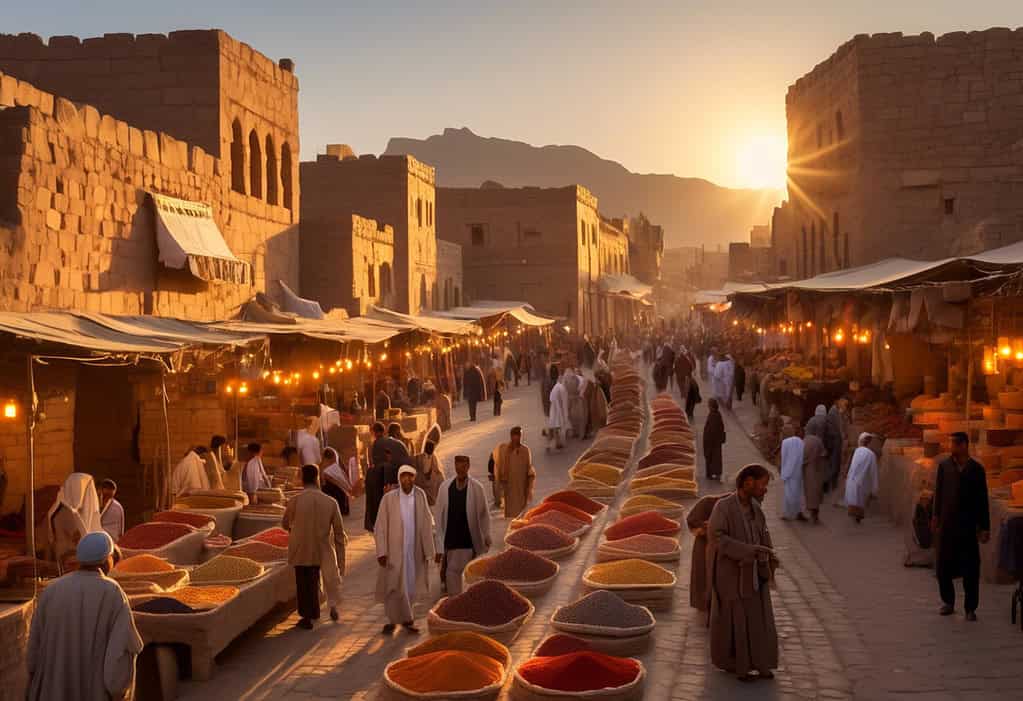 Bustling market square in Sayun, Yemen during golden hour