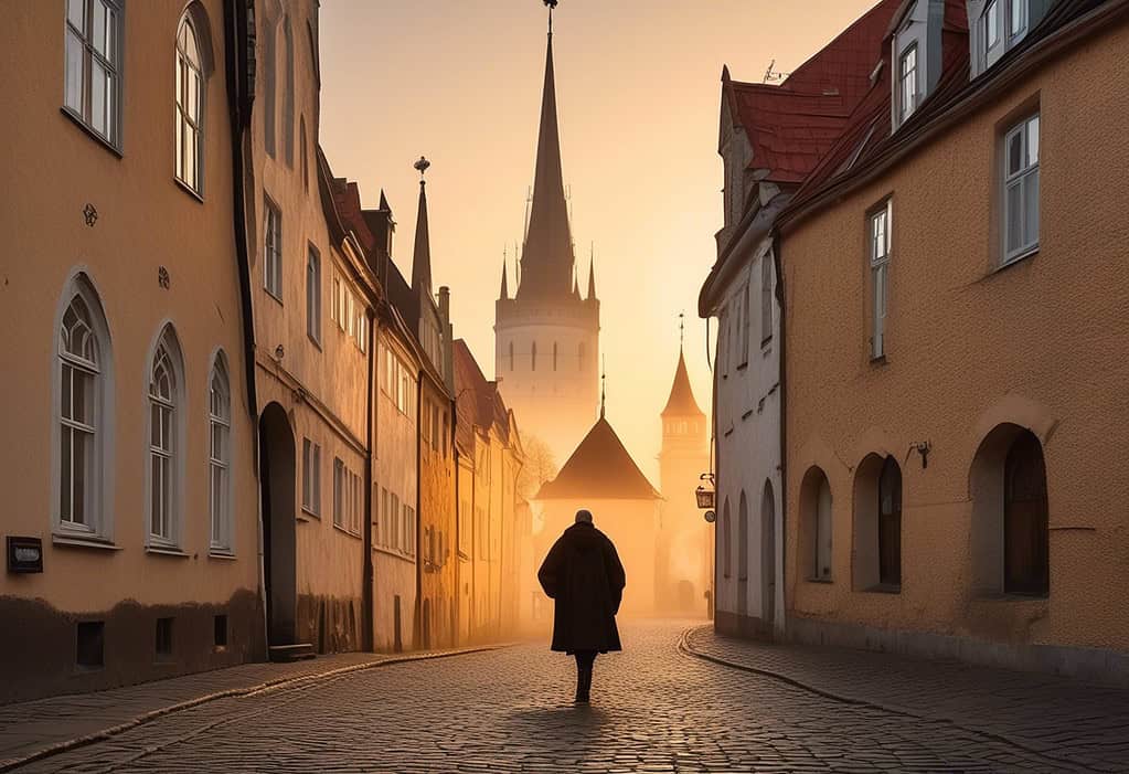 Sunrise over old town in misty morning