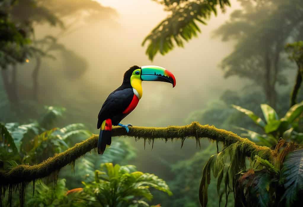 Toucan perched on a branch in Monteverde Cloud Forest at sunrise