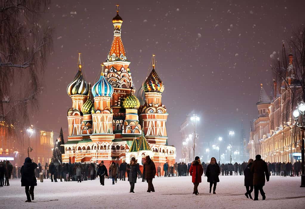 Moscow Red Square Winter Scene with St. Basil's Cathedral and snow falling