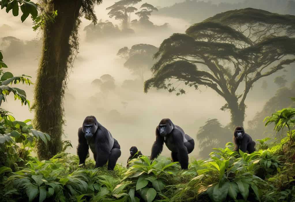 Endangered mountain gorillas in Nyungwe Forest National Park, Rwanda