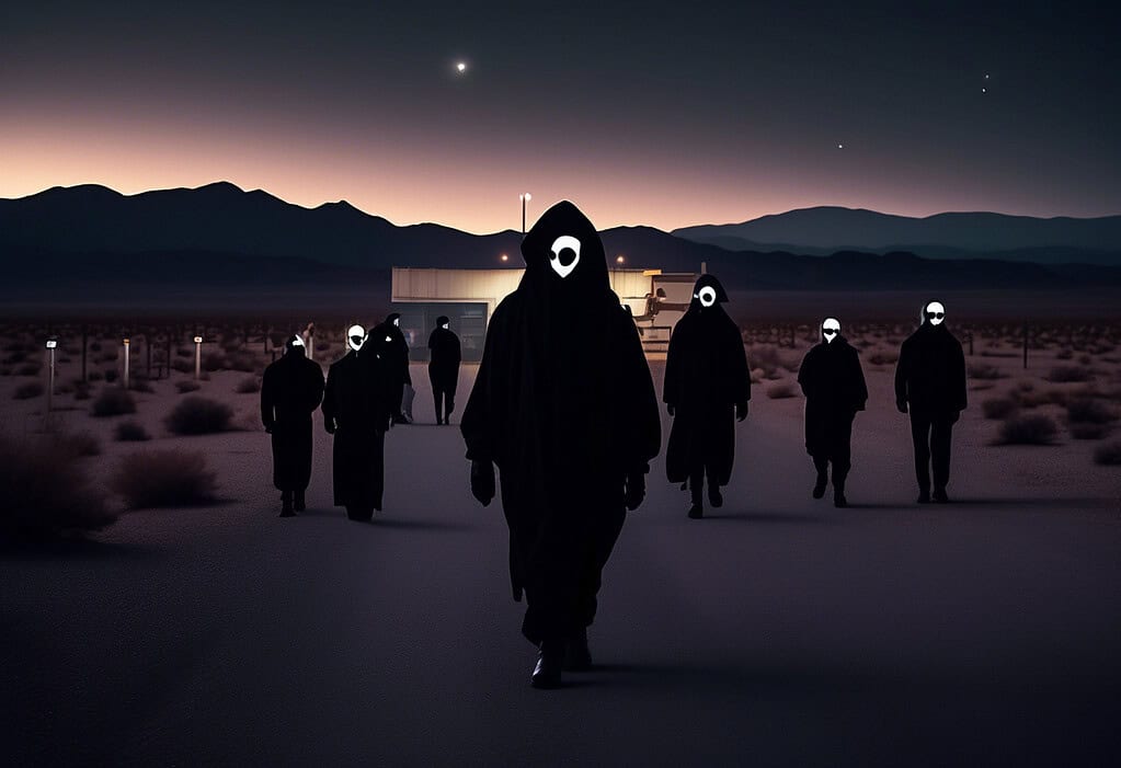 Mysterious figures approaching Area 51 gates at sunset