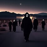 Mysterious figures approaching Area 51 gates at sunset
