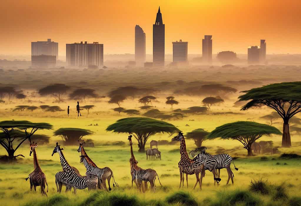 Nairobi Cityscape with Maasai warriors and wildlife