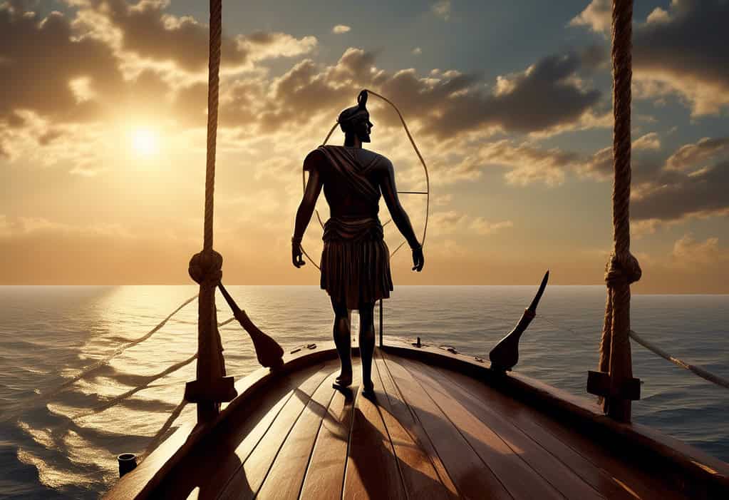 Nearchus ancient Greek explorer wooden ship Indian Ocean sunset artwork