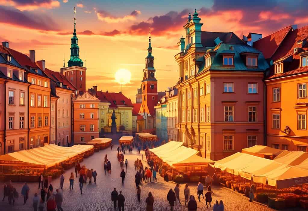 Digital art of Old Town in Warsaw, Poland during golden hour