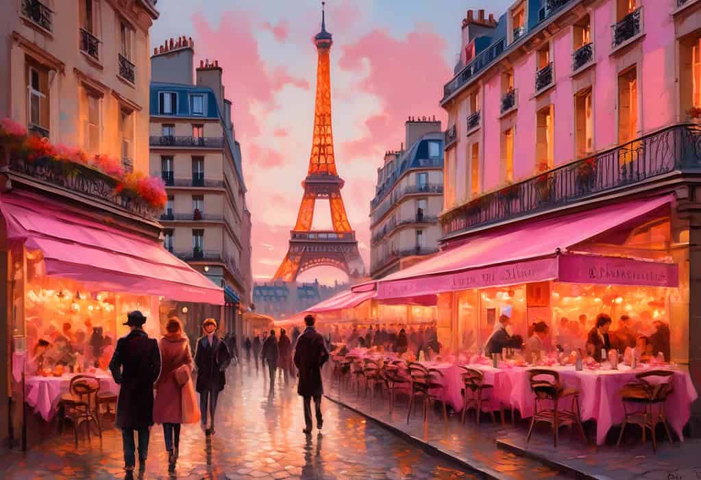 Bustling Parisian street scene at dusk with Eiffel Tower in the background