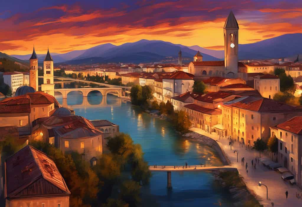 Podgorica sunset cityscape with Moraca River and Ottoman-era clock tower