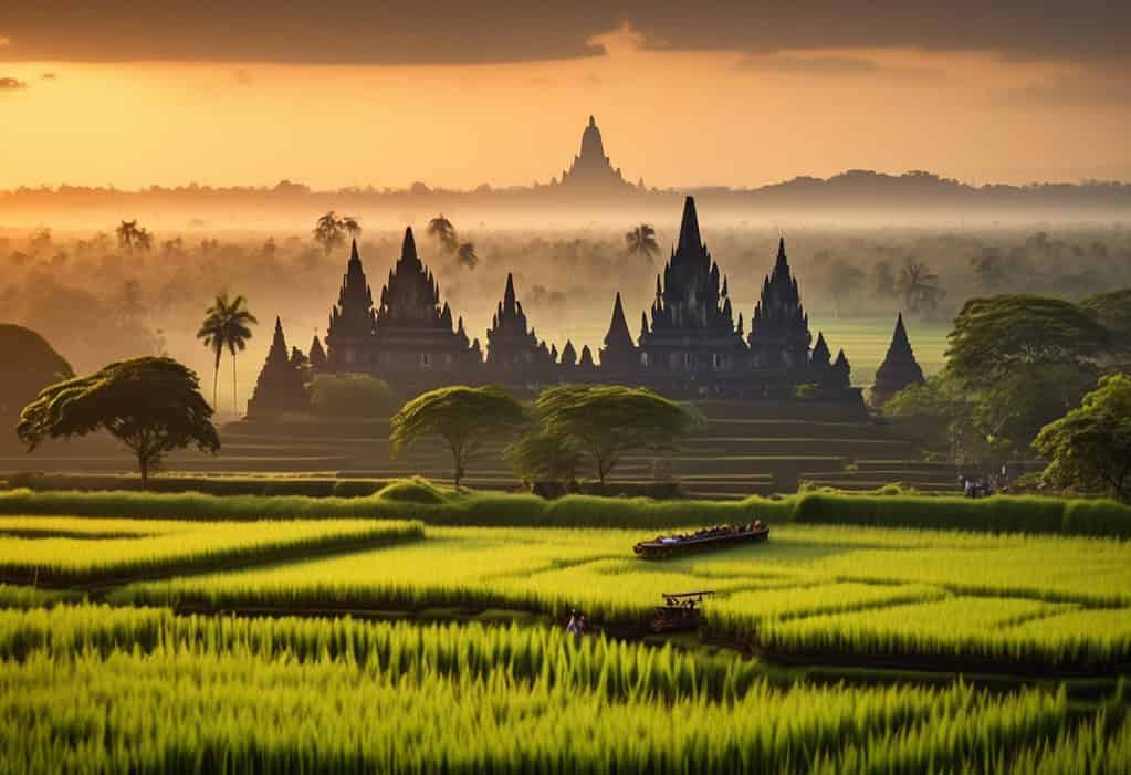 Prambanan temple complex at sunset in Yogyakarta