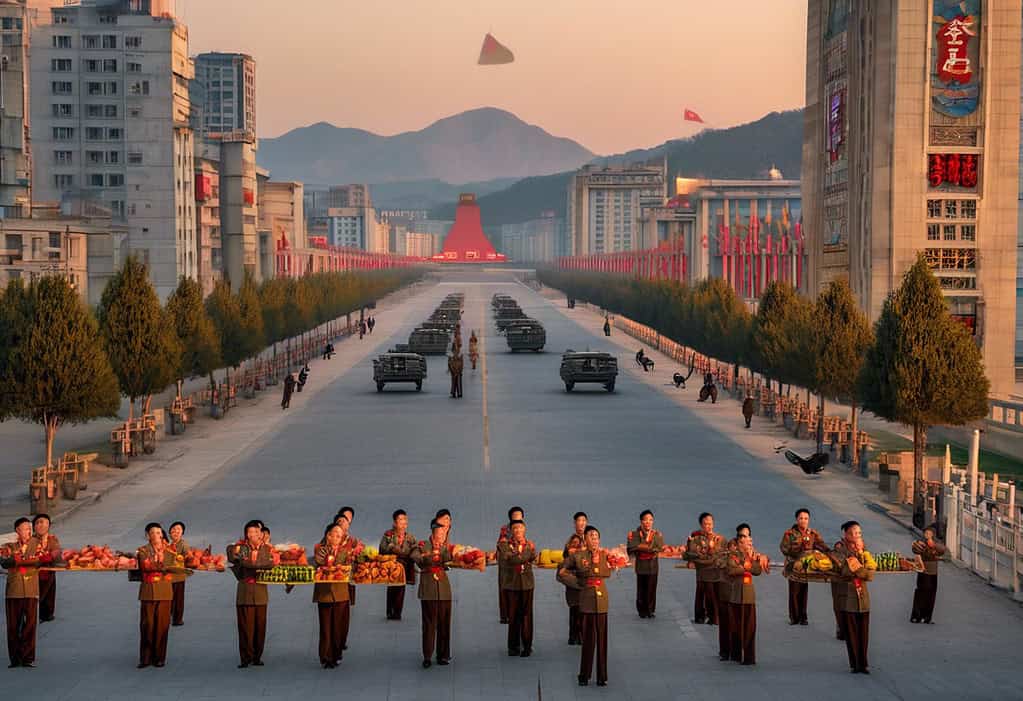 Bustling street scene at sunrise in Pyongyang, North Korea