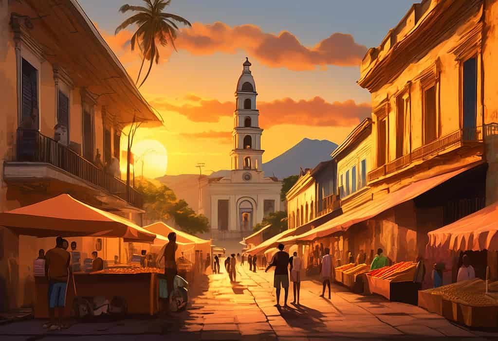 Digital art of bustling streets of San Salvador during golden hour with El Salvador del Mundo monument in background