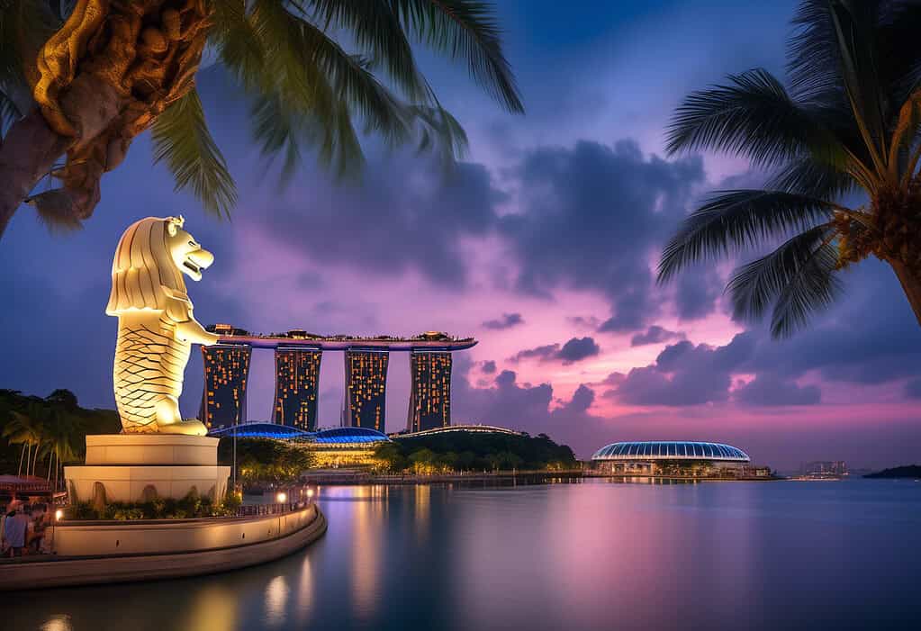 Sentosa Island Sunset Cityscape with Merlion Statue