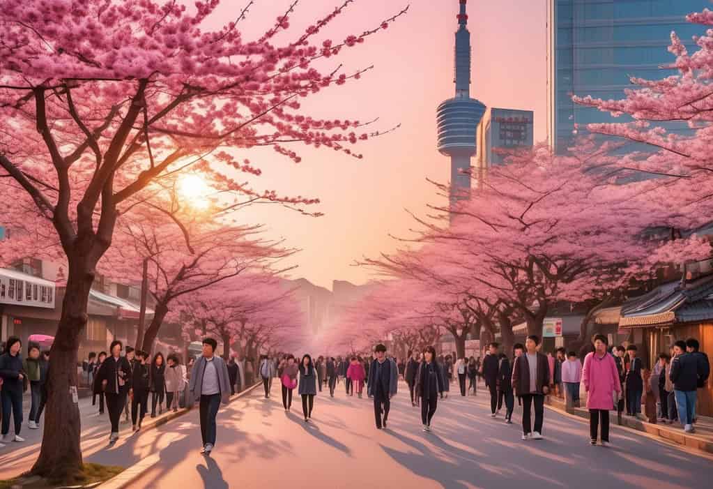 Seoul cherry blossom street scene with N Seoul Tower in the background